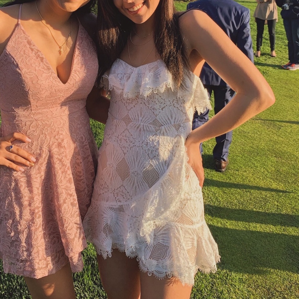 Selfie Leslie Mermaid White and Tan Undertoned Strapless Mini Cocktail Dress